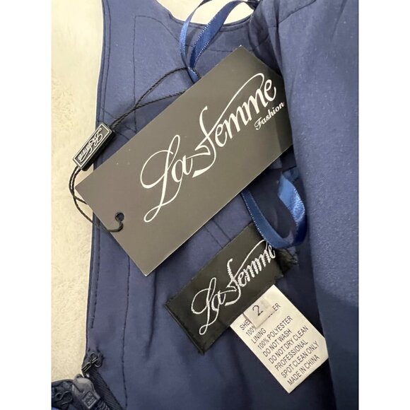 New LA FEMME Size 2 PROM Long Dress 28607 Navy *Stain* - Picture 3 of 16